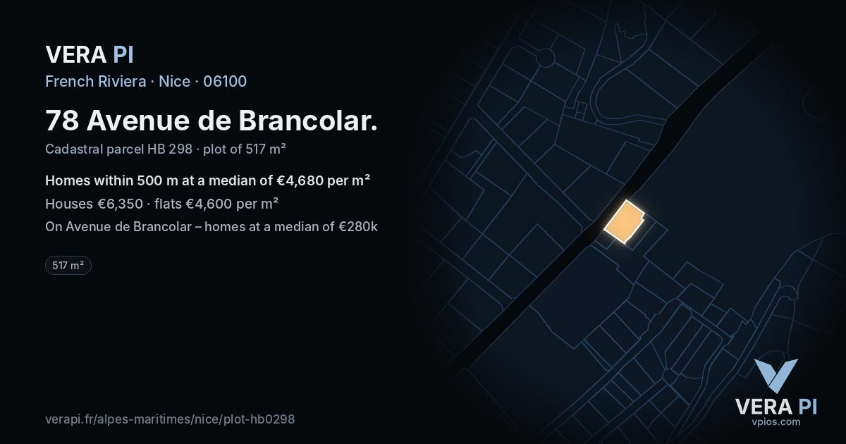 78 Avenue de Brancolar, Nice at night – the plot lit, the parcels around coloured by the prices near them