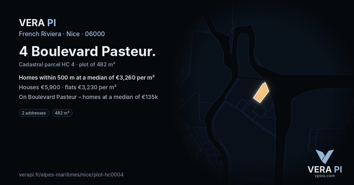 4 Boulevard Pasteur, Nice at night – the plot lit, the parcels around coloured by the prices near them