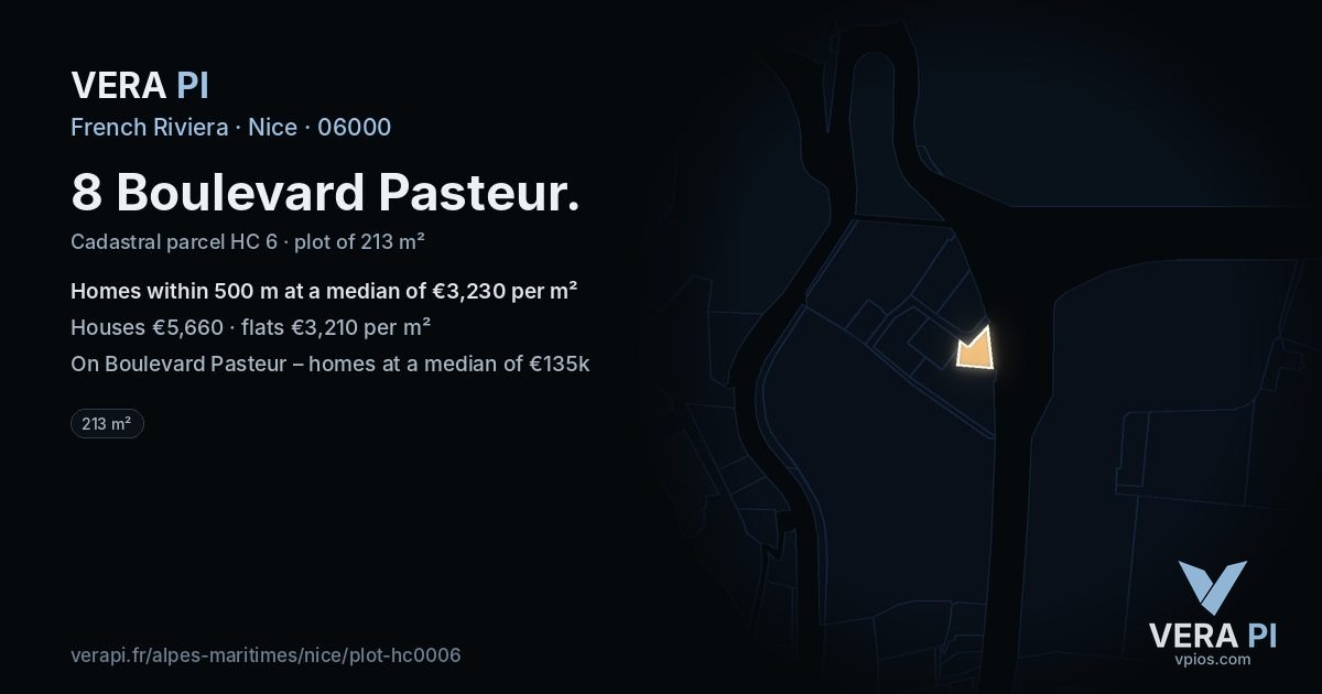 8 Boulevard Pasteur, Nice at night – the plot lit, the parcels around coloured by the prices near them