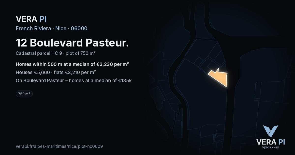12 Boulevard Pasteur, Nice at night – the plot lit, the parcels around coloured by the prices near them