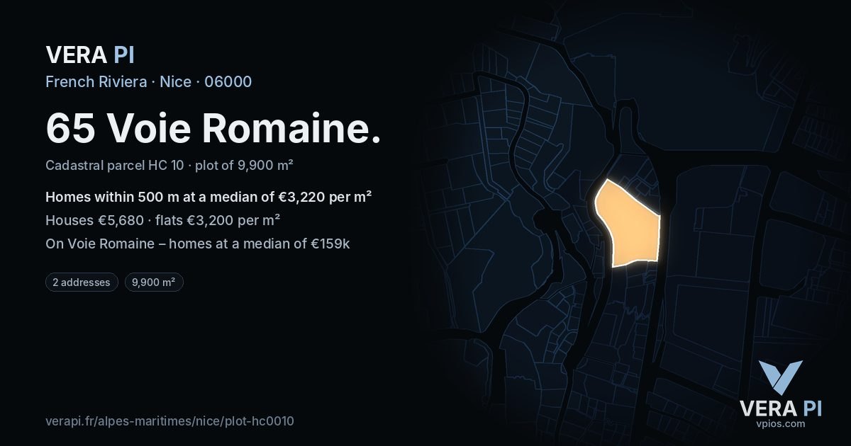 65 Voie Romaine, Nice at night – the plot lit, the parcels around coloured by the prices near them