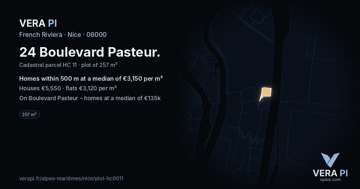 24 Boulevard Pasteur, Nice at night – the plot lit, the parcels around coloured by the prices near them