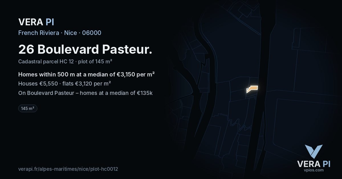 26 Boulevard Pasteur, Nice at night – the plot lit, the parcels around coloured by the prices near them