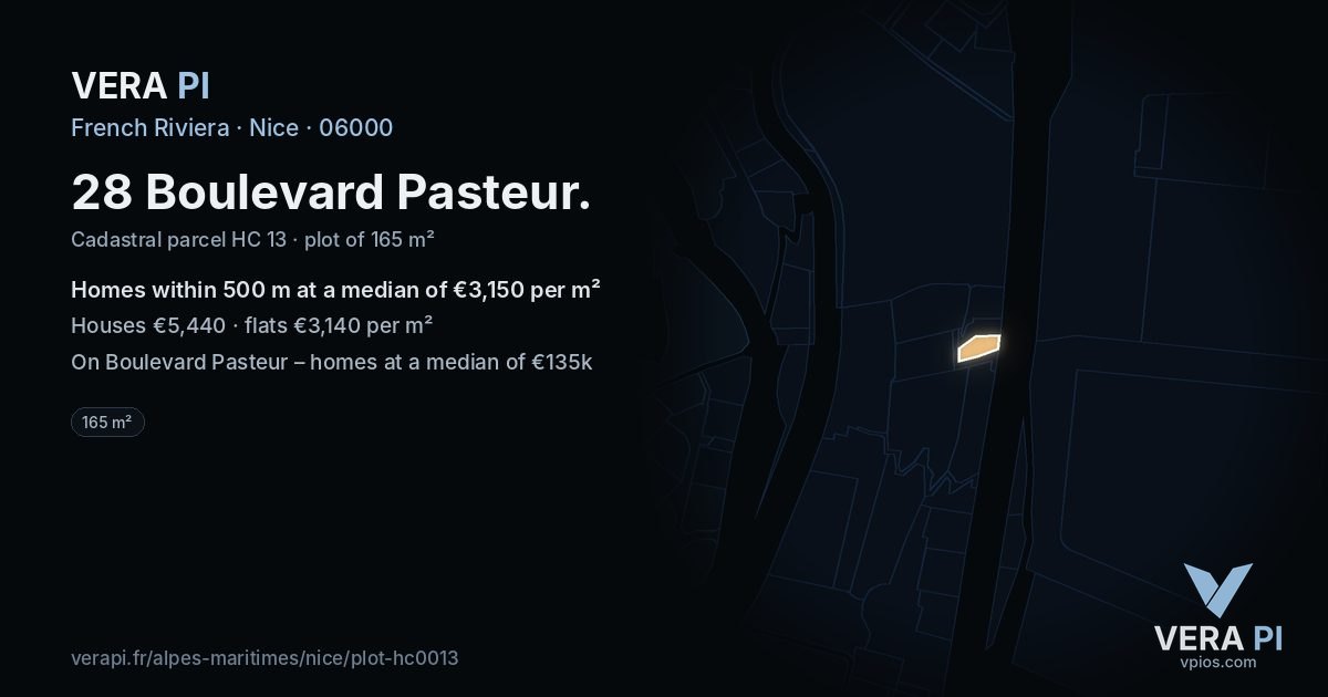 28 Boulevard Pasteur, Nice at night – the plot lit, the parcels around coloured by the prices near them