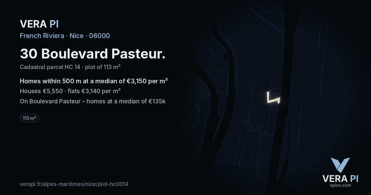 30 Boulevard Pasteur, Nice at night – the plot lit, the parcels around coloured by the prices near them