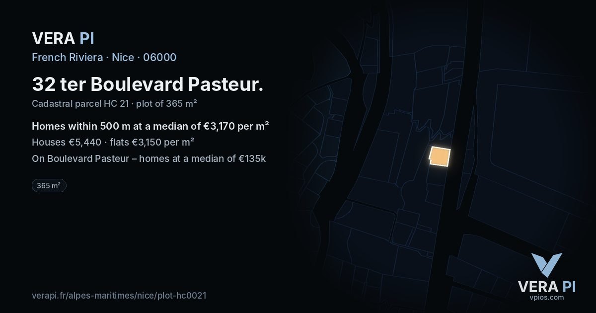 32 ter Boulevard Pasteur, Nice at night – the plot lit, the parcels around coloured by the prices near them