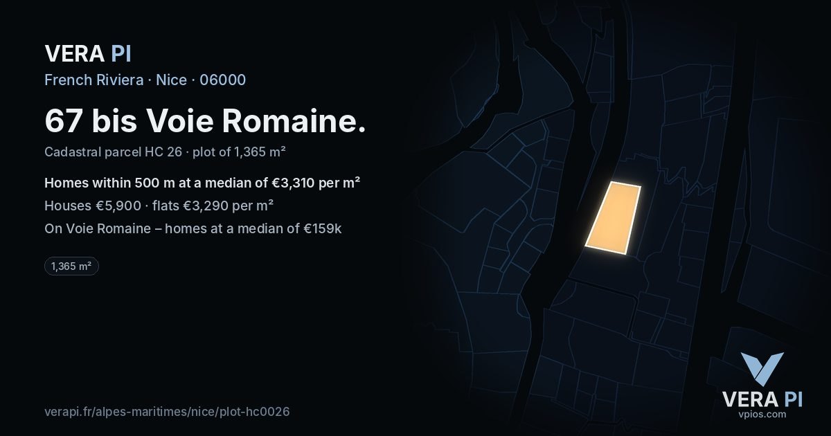 67 bis Voie Romaine, Nice at night – the plot lit, the parcels around coloured by the prices near them