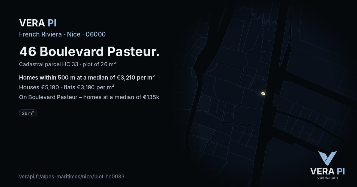 46 Boulevard Pasteur, Nice at night – the plot lit, the parcels around coloured by the prices near them