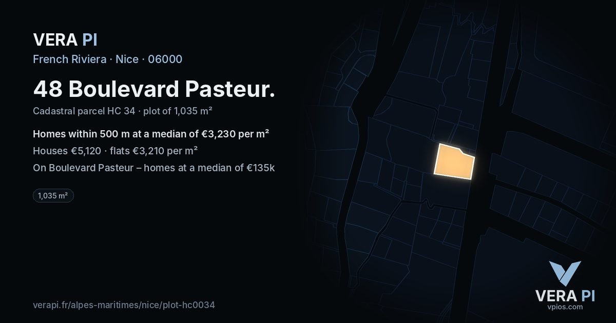 48 Boulevard Pasteur, Nice at night – the plot lit, the parcels around coloured by the prices near them