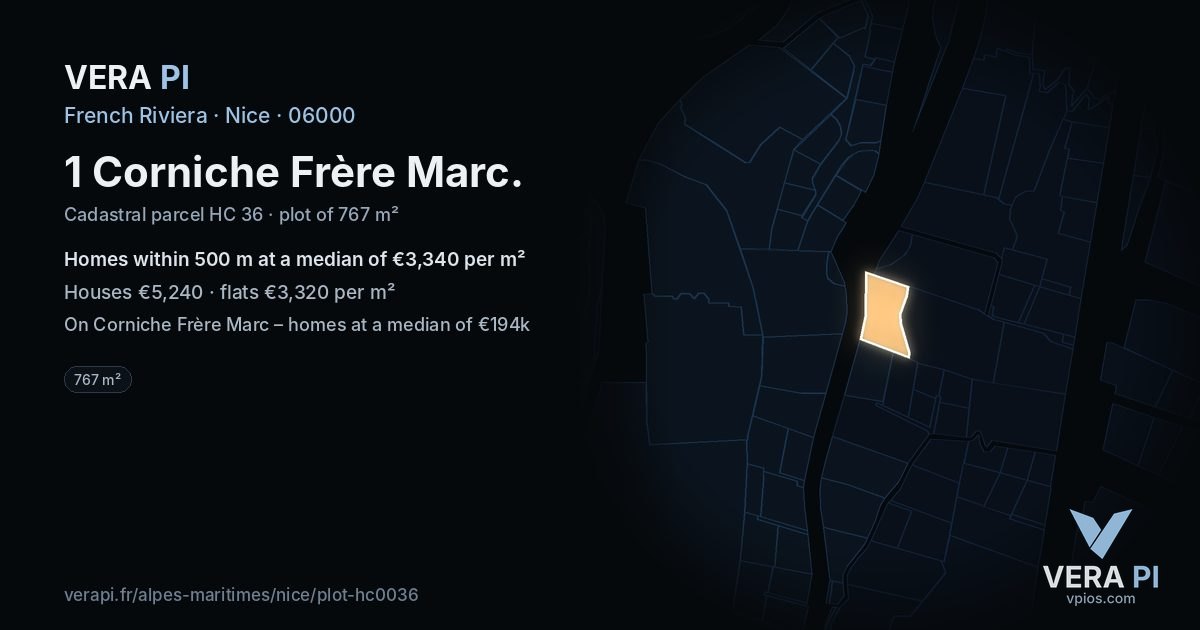 1 Corniche Frère Marc, Nice at night – the plot lit, the parcels around coloured by the prices near them