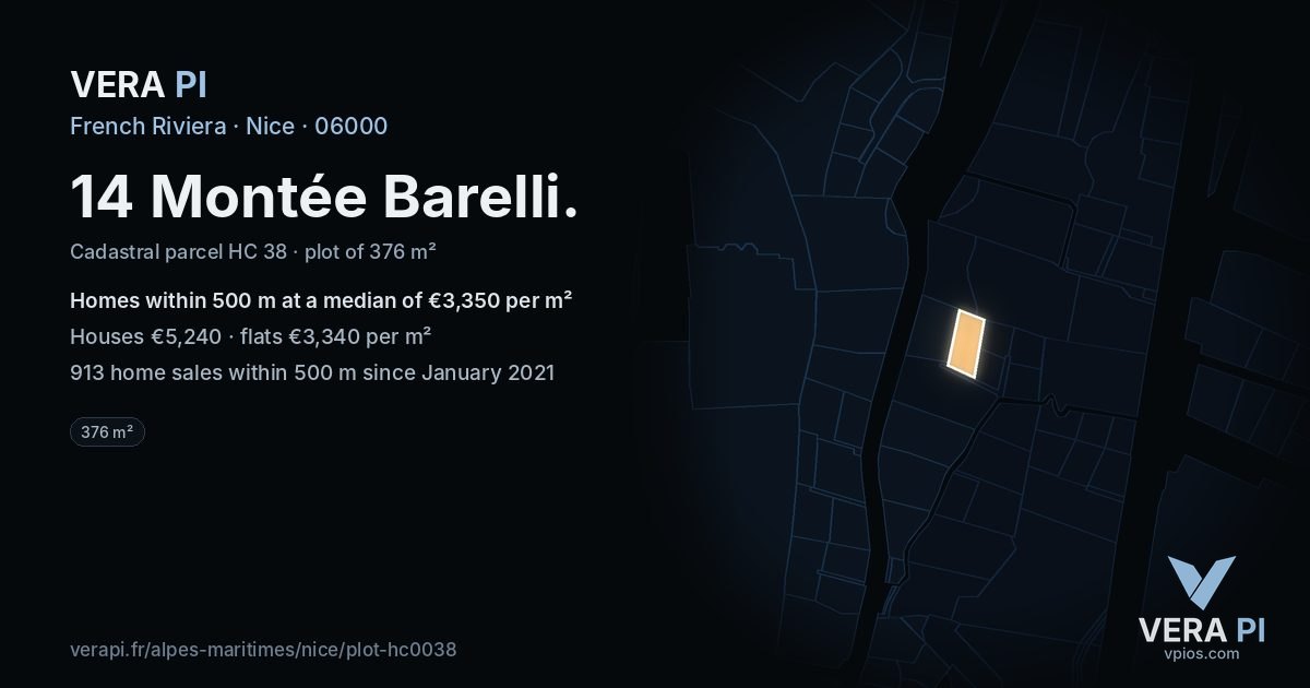 14 Montée Barelli, Nice at night – the plot lit, the parcels around coloured by the prices near them
