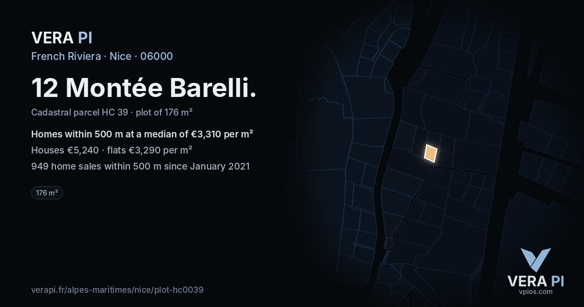 12 Montée Barelli, Nice at night – the plot lit, the parcels around coloured by the prices near them