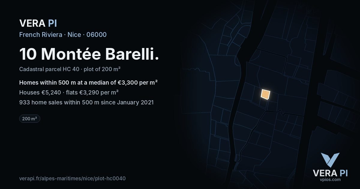 10 Montée Barelli, Nice at night – the plot lit, the parcels around coloured by the prices near them