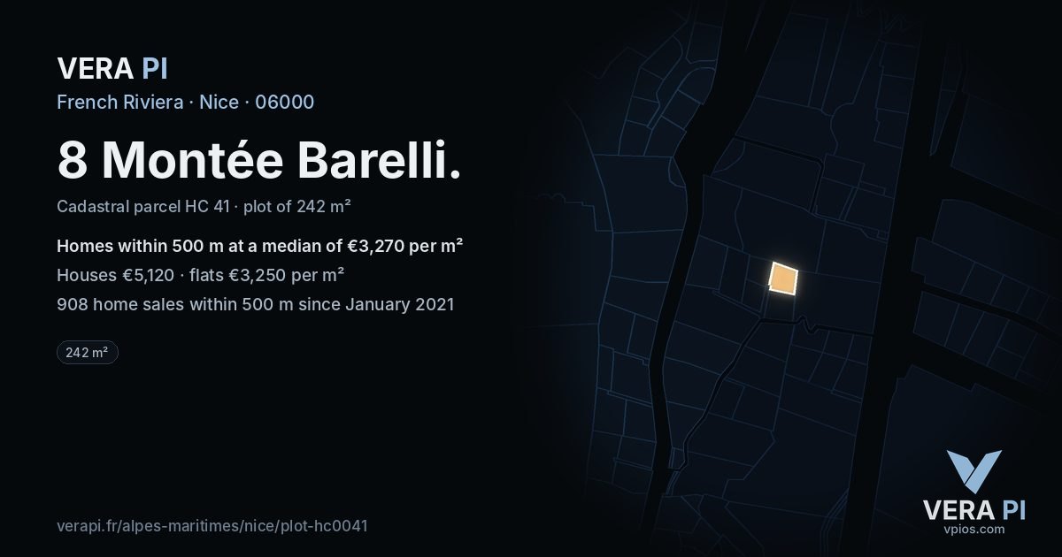 8 Montée Barelli, Nice at night – the plot lit, the parcels around coloured by the prices near them