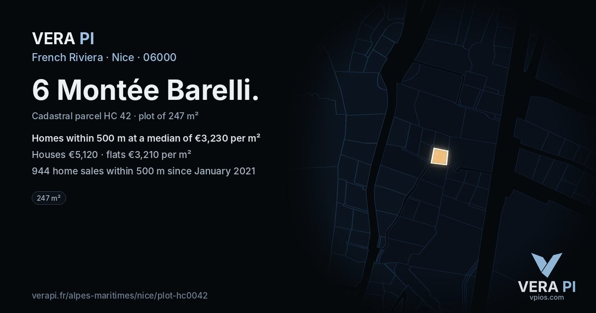 6 Montée Barelli, Nice at night – the plot lit, the parcels around coloured by the prices near them