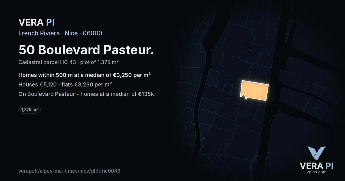 50 Boulevard Pasteur, Nice at night – the plot lit, the parcels around coloured by the prices near them
