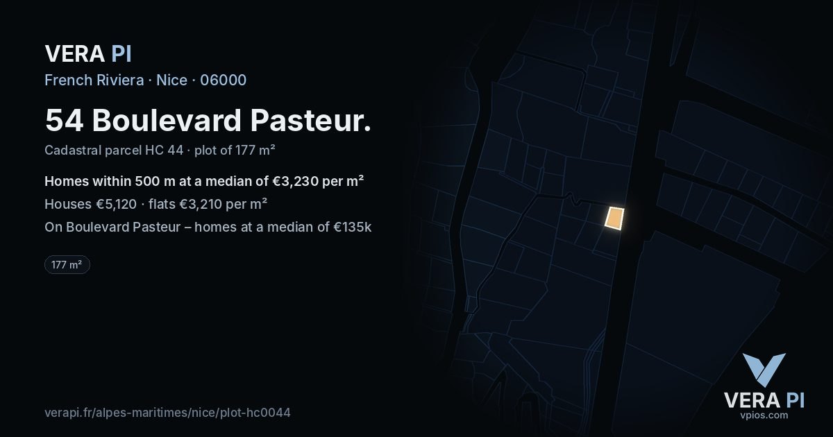 54 Boulevard Pasteur, Nice at night – the plot lit, the parcels around coloured by the prices near them