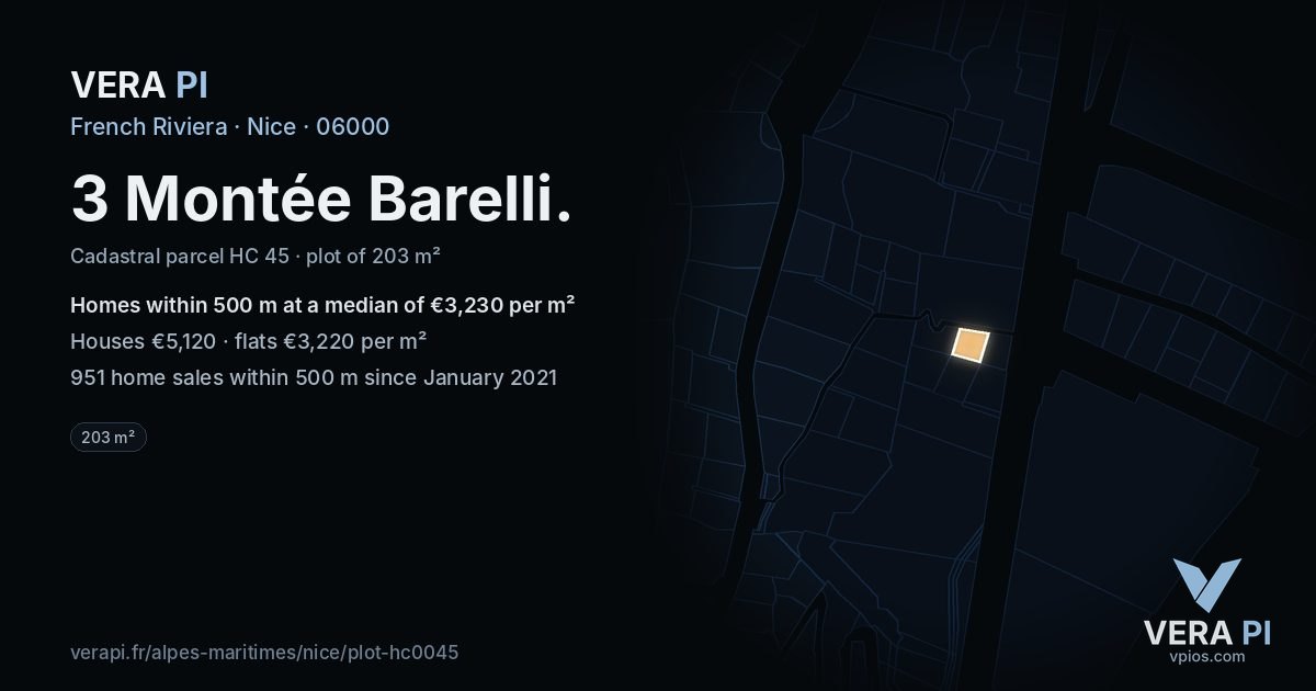 3 Montée Barelli, Nice at night – the plot lit, the parcels around coloured by the prices near them