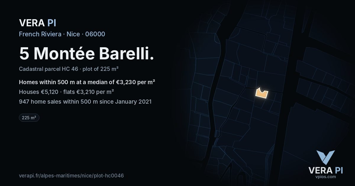 5 Montée Barelli, Nice at night – the plot lit, the parcels around coloured by the prices near them