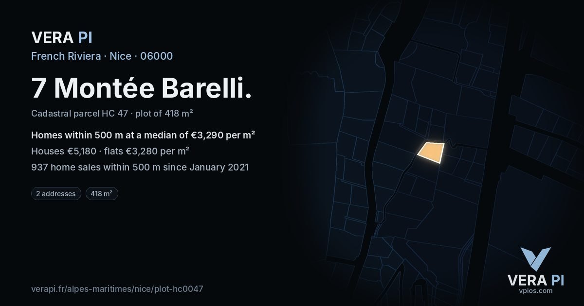 7 Montée Barelli, Nice at night – the plot lit, the parcels around coloured by the prices near them
