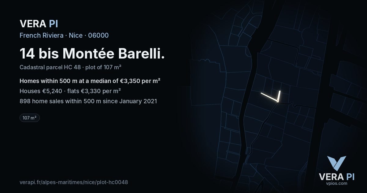 14 bis Montée Barelli, Nice at night – the plot lit, the parcels around coloured by the prices near them