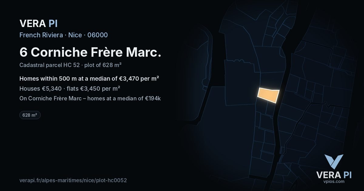 6 Corniche Frère Marc, Nice at night – the plot lit, the parcels around coloured by the prices near them