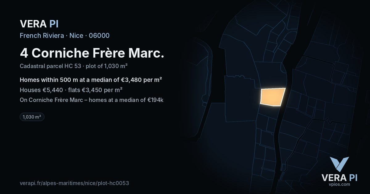 4 Corniche Frère Marc, Nice at night – the plot lit, the parcels around coloured by the prices near them