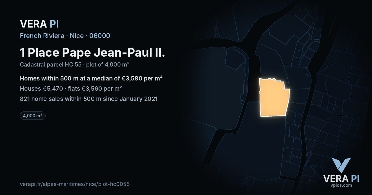 1 Place Pape Jean-Paul II, Nice at night – the plot lit, the parcels around coloured by the prices near them