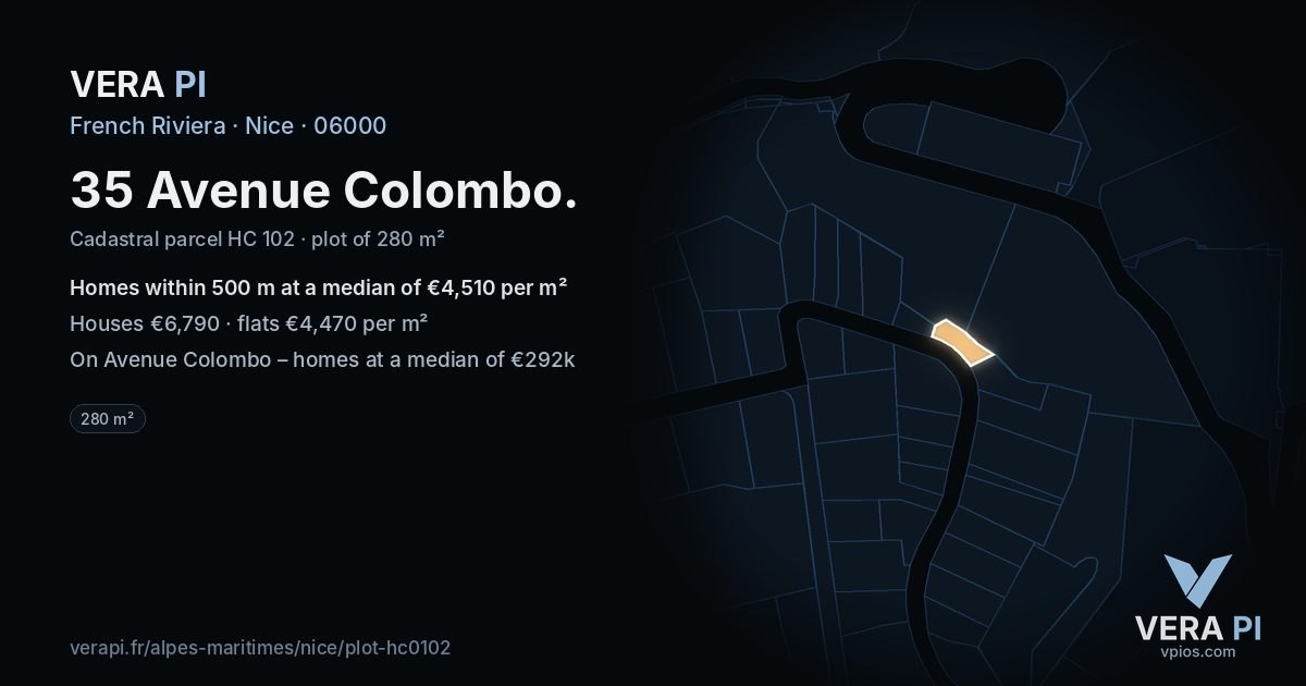 35 Avenue Colombo, Nice at night – the plot lit, the parcels around coloured by the prices near them