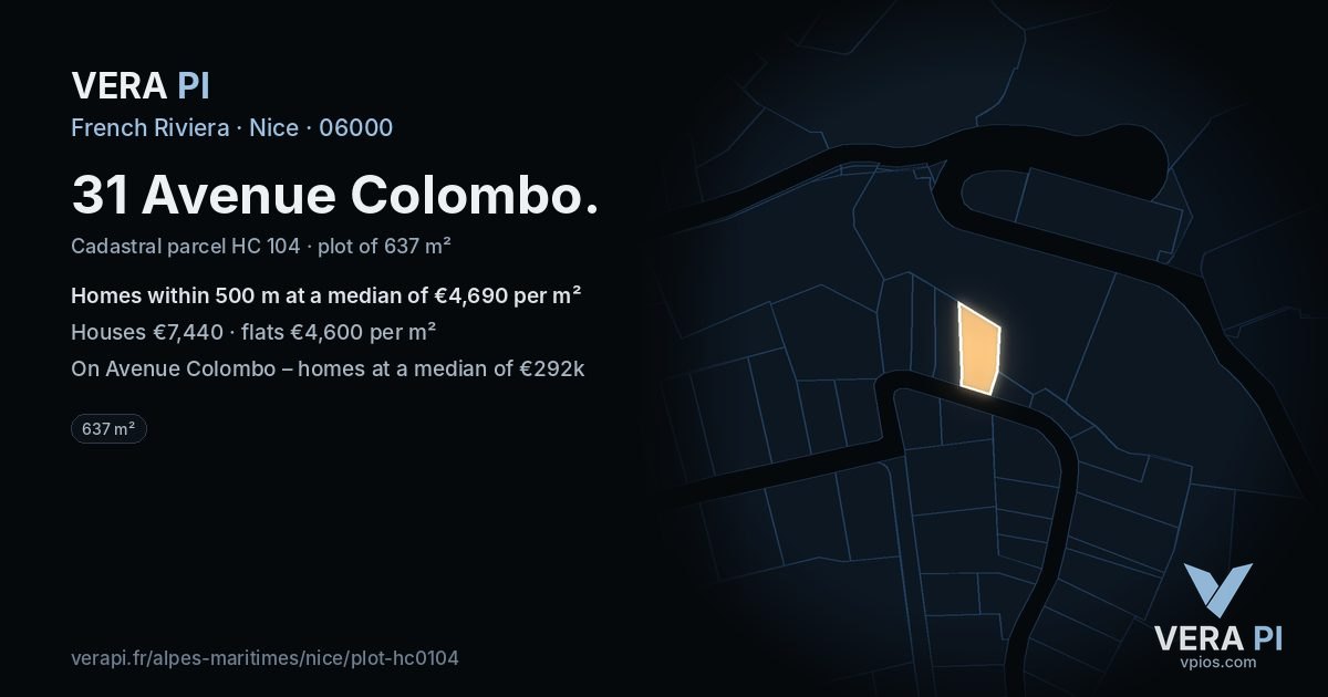 31 Avenue Colombo, Nice at night – the plot lit, the parcels around coloured by the prices near them