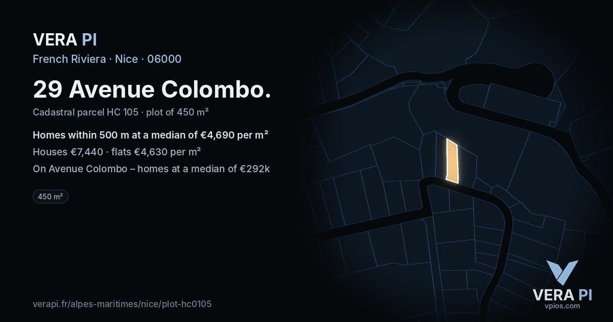 29 Avenue Colombo, Nice at night – the plot lit, the parcels around coloured by the prices near them