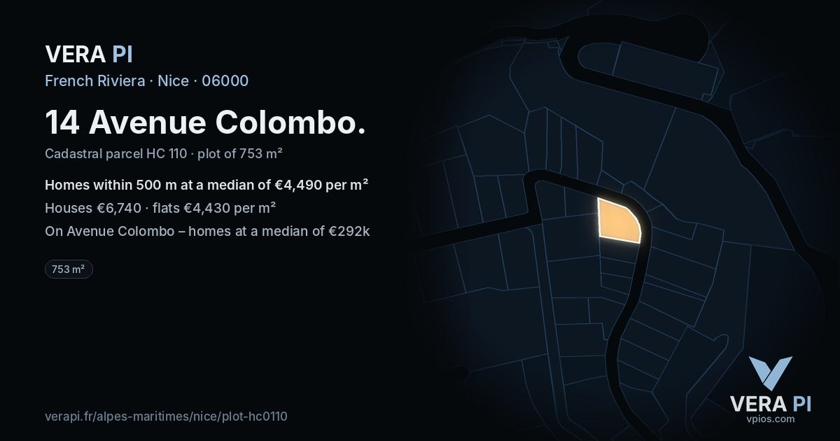 14 Avenue Colombo, Nice at night – the plot lit, the parcels around coloured by the prices near them