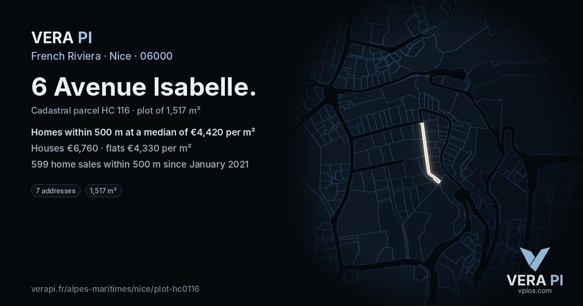 6 Avenue Isabelle, Nice at night – the plot lit, the parcels around coloured by the prices near them