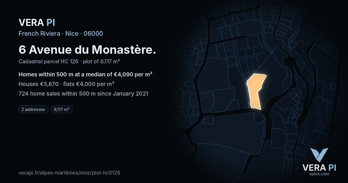 6 Avenue du Monastère, Nice at night – the plot lit, the parcels around coloured by the prices near them