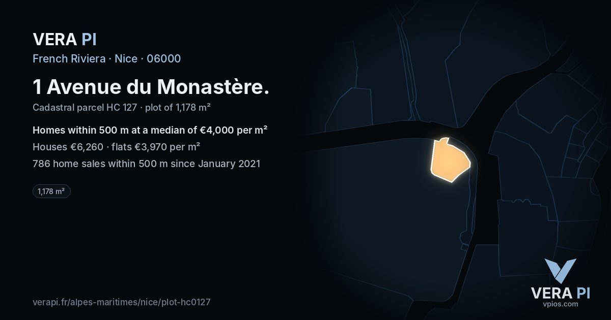 1 Avenue du Monastère, Nice at night – the plot lit, the parcels around coloured by the prices near them