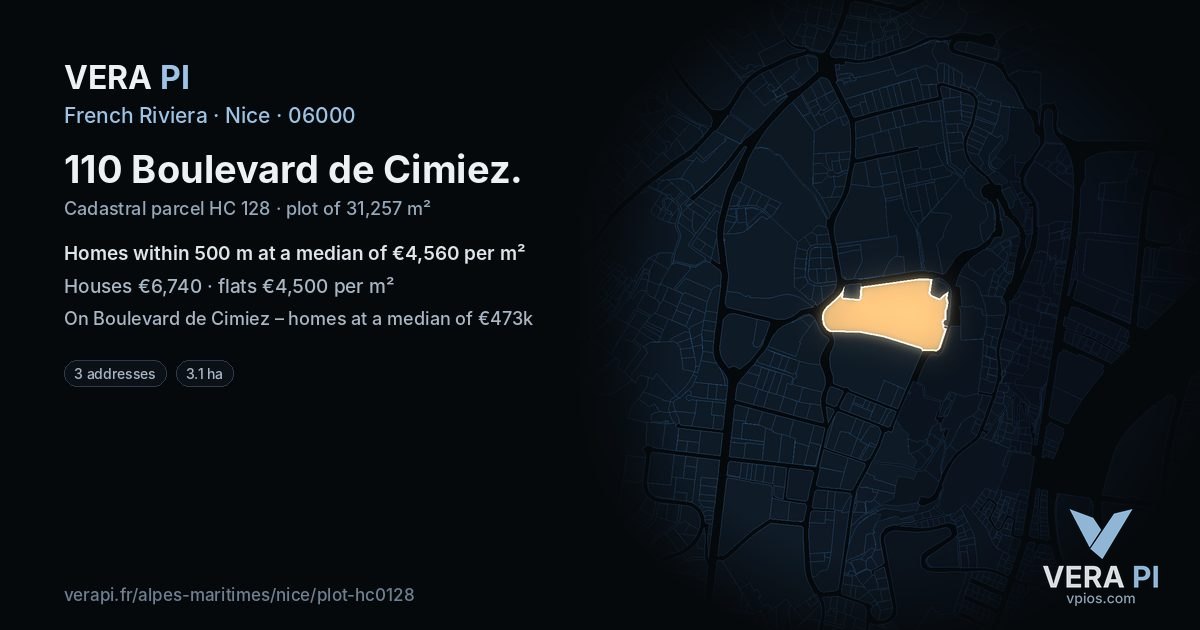 110 Boulevard de Cimiez, Nice at night – the plot lit, the parcels around coloured by the prices near them