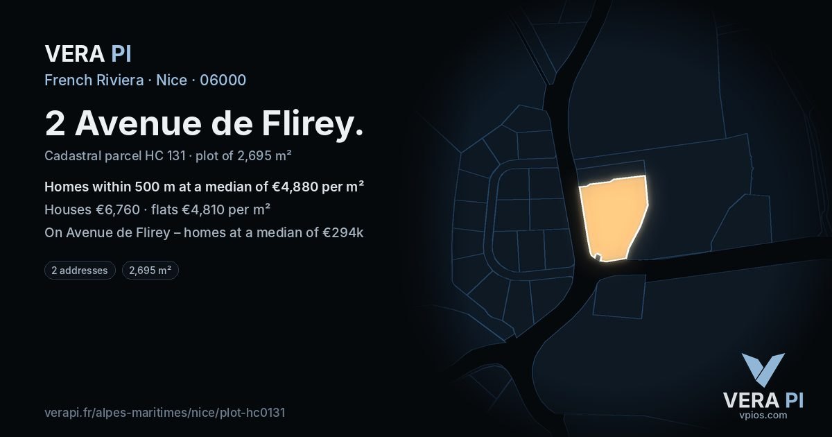 2 Avenue de Flirey, Nice at night – the plot lit, the parcels around coloured by the prices near them