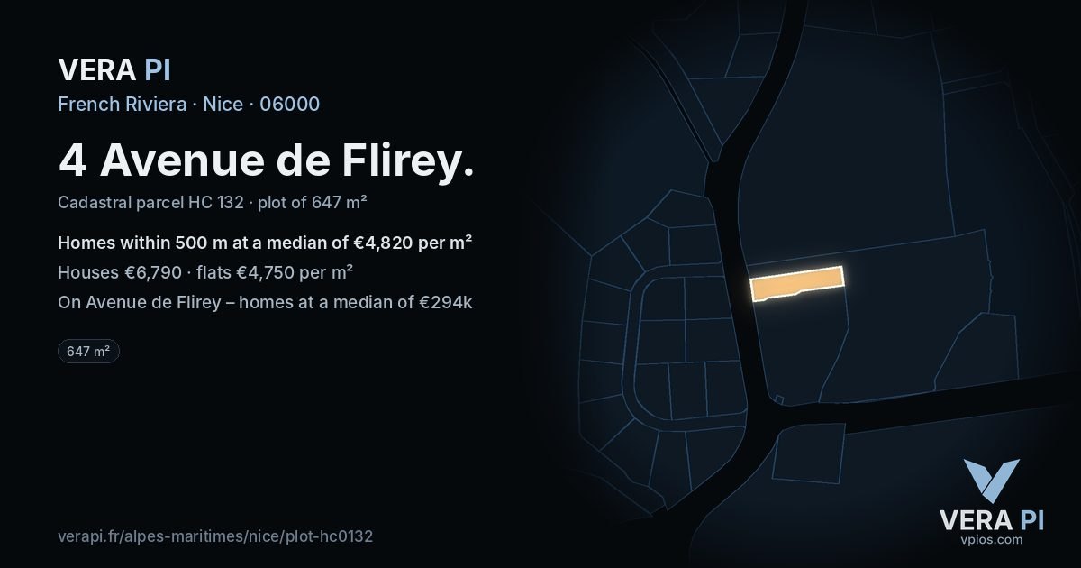 4 Avenue de Flirey, Nice at night – the plot lit, the parcels around coloured by the prices near them