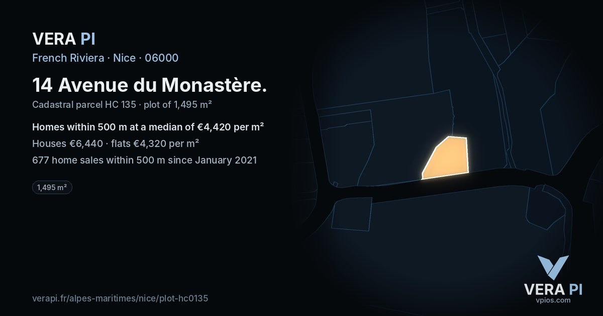 14 Avenue du Monastère, Nice at night – the plot lit, the parcels around coloured by the prices near them