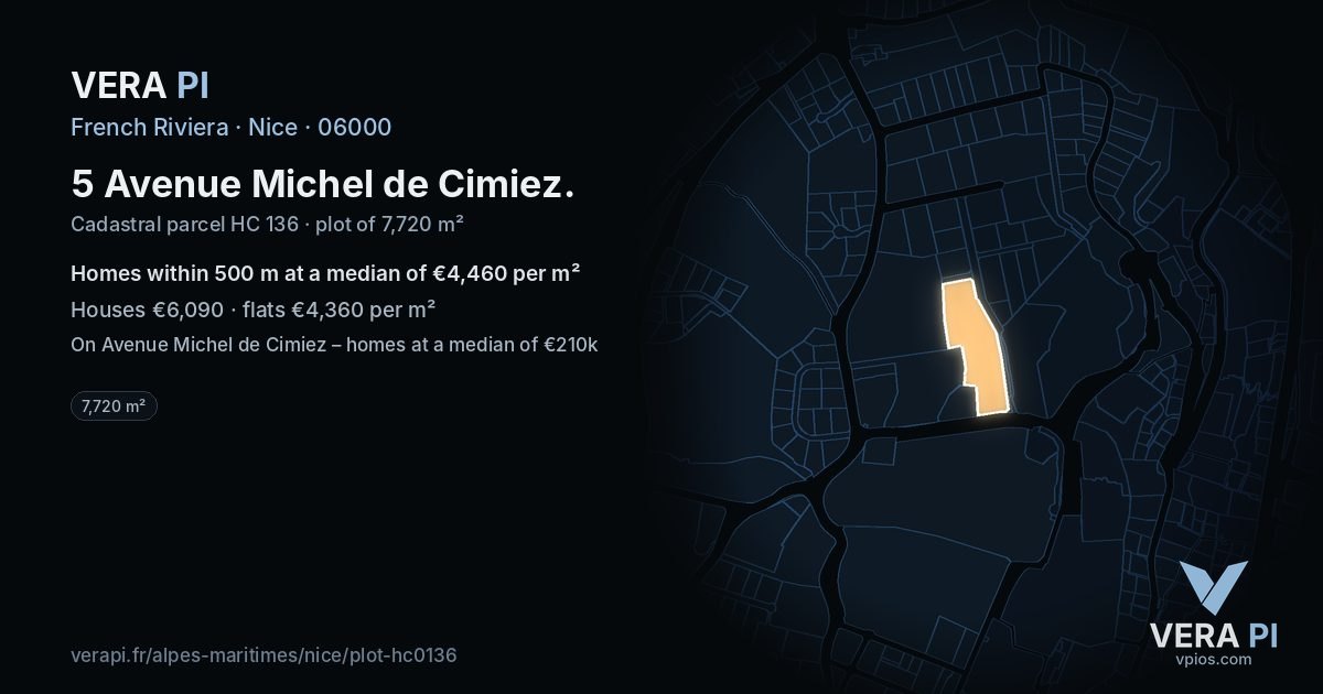 5 Avenue Michel de Cimiez, Nice at night – the plot lit, the parcels around coloured by the prices near them