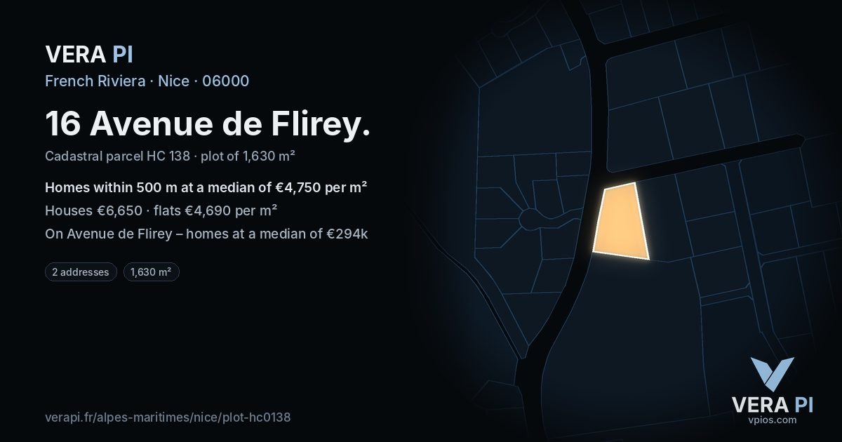 16 Avenue de Flirey, Nice at night – the plot lit, the parcels around coloured by the prices near them