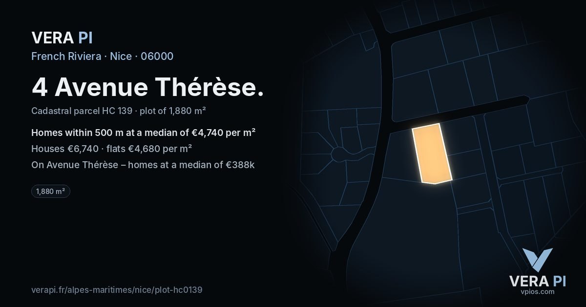 4 Avenue Thérèse, Nice at night – the plot lit, the parcels around coloured by the prices near them