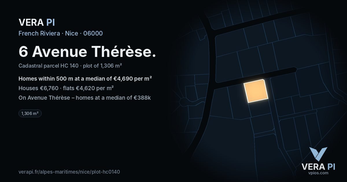 6 Avenue Thérèse, Nice at night – the plot lit, the parcels around coloured by the prices near them