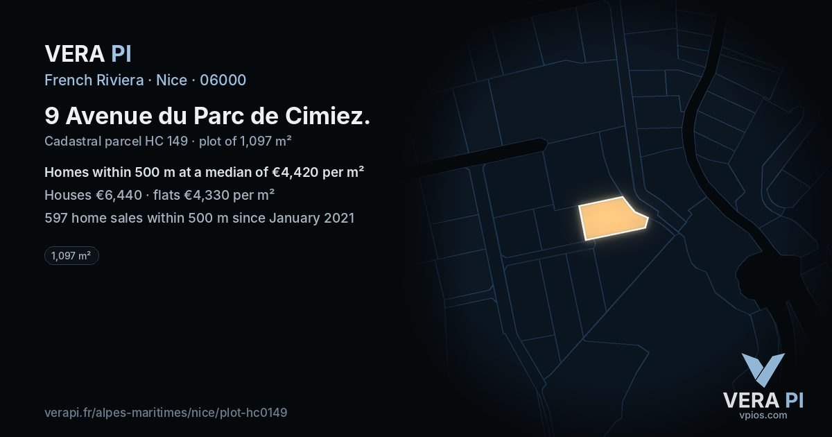 9 Avenue du Parc de Cimiez, Nice at night – the plot lit, the parcels around coloured by the prices near them