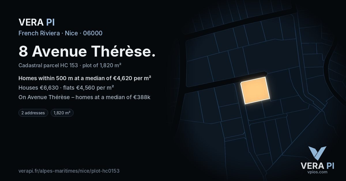 8 Avenue Thérèse, Nice at night – the plot lit, the parcels around coloured by the prices near them