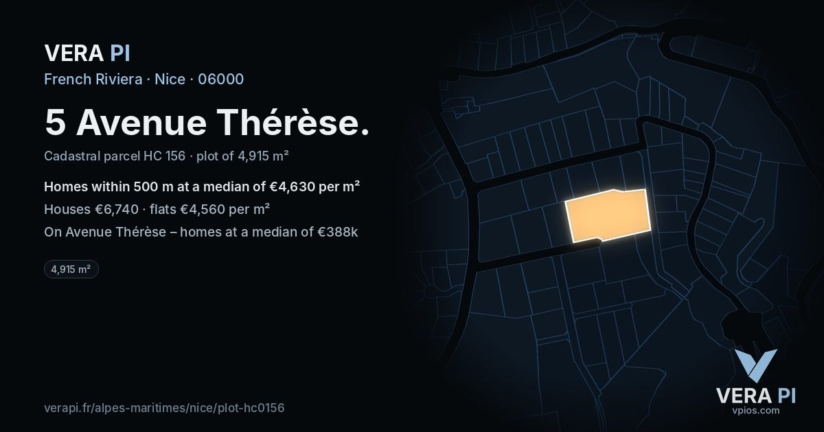 5 Avenue Thérèse, Nice at night – the plot lit, the parcels around coloured by the prices near them