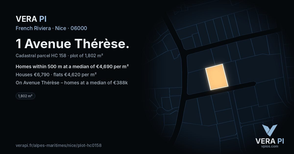 1 Avenue Thérèse, Nice at night – the plot lit, the parcels around coloured by the prices near them