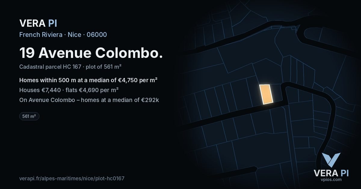 19 Avenue Colombo, Nice at night – the plot lit, the parcels around coloured by the prices near them