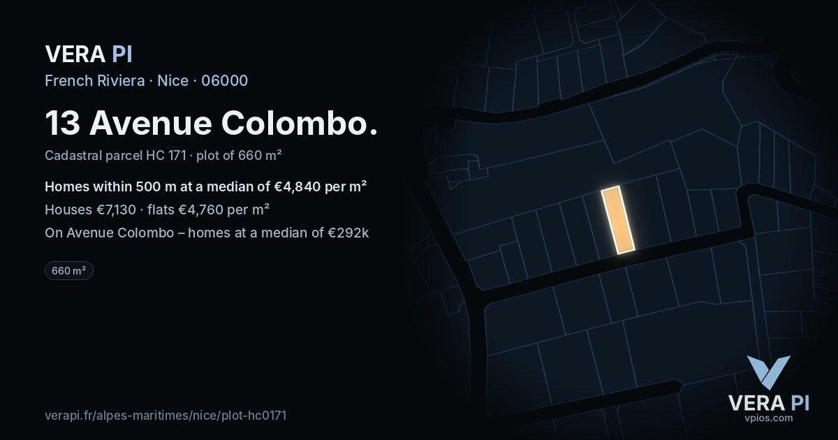 13 Avenue Colombo, Nice at night – the plot lit, the parcels around coloured by the prices near them