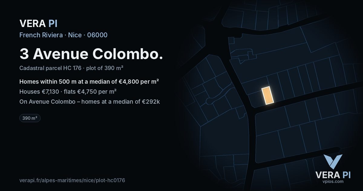 3 Avenue Colombo, Nice at night – the plot lit, the parcels around coloured by the prices near them